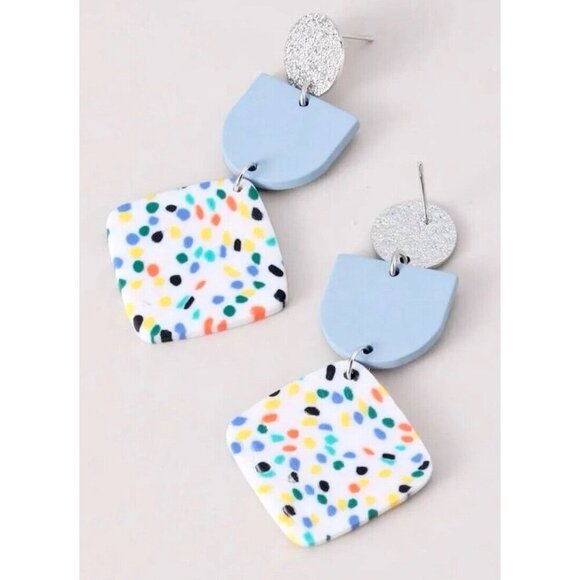 New Blue White Multicolor Dot Geometric Retro 80s Style Matte Earrings - 2.50" - Picture 4 of 5